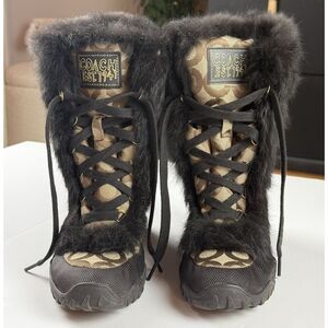 Coach Jennie Q522 Signature C Fur Trim Lace Up Winter Snow Boots Womens 6.5 B